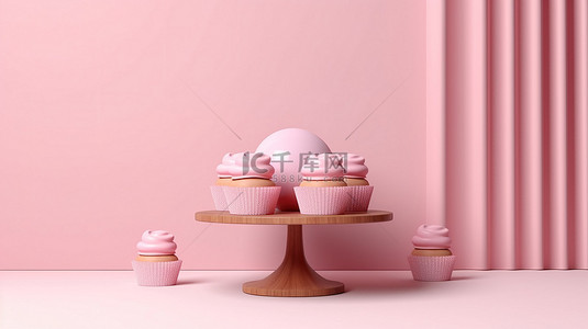 3D 渲染几何粉色讲台，配有美味的纸杯蛋糕，用于儿童产品展示