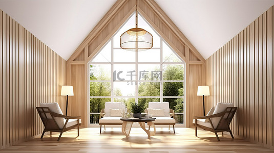 房子背景背景图片_令人惊叹的室内场景 3D 渲染，客厅配有木质板条墙和天花板灯，配有扶手椅和中心装饰品