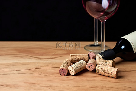 一把刀和一个瓶子放在一些红色的葡萄酒软木塞中