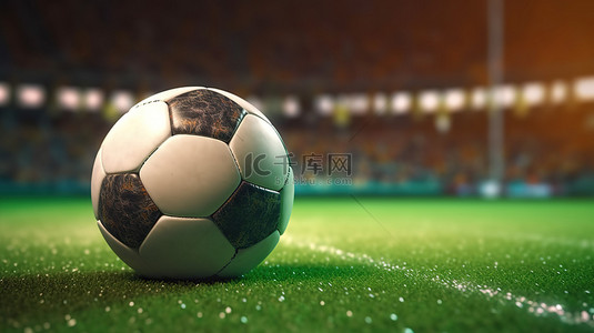 令人惊叹的 3D 体育场渲染中的足球停在郁郁葱葱的绿色场地上
