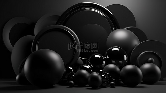 渐变紫色圆形背景图片_3D 插图中黑色圆形排列的单色背景