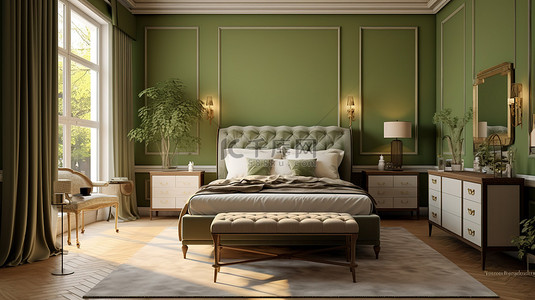 酒店室内设计背景图片_3D 渲染卧室室内设计结合现代和经典元素与橄榄色墙壁优雅的家具和床单