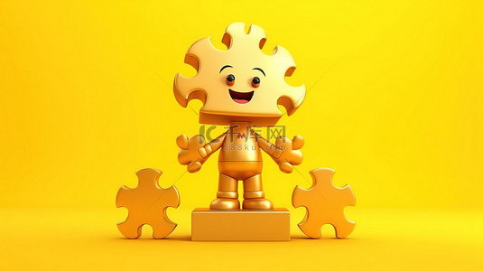 拿奖背景图片_拿着金奖奖杯的角色吉祥物的 3D 渲染，黄色背景上有四块彩色拼图
