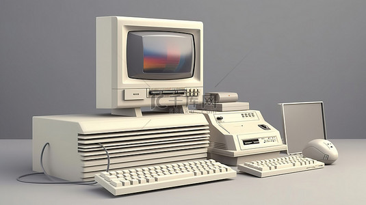 老式计算机背景图片_老式计算机设置白色背景，带有系统单元监视器键盘和鼠标的 3D 渲染