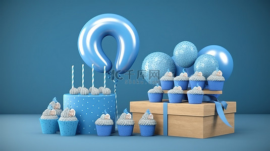 带有 70 号气球和礼物的蓝色生日蛋糕的 3D 渲染