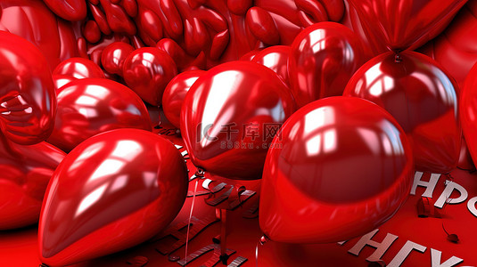 红色生日背景图片_3d 渲染红色氦气球与快乐的生日祝福
