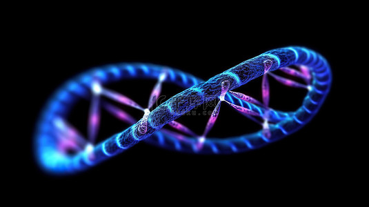 黑色背景下蓝色螺旋 DNA 染色体遗传修饰的 3D 插图渲染科学和医学概念