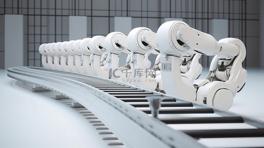 凉皮工厂背景图片_白色机械臂在 3D 渲染中悬停时等待物料的传送带