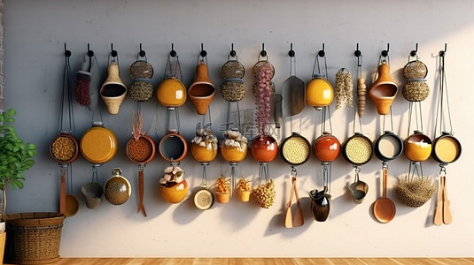 挂在墙上的厨具干货和活调味料罐 3d 渲染