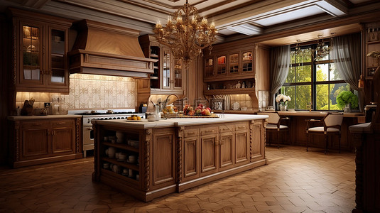 黑色房间背景图片_永恒的厨房令人惊叹的室内设计与橡木纹理的 3D 渲染