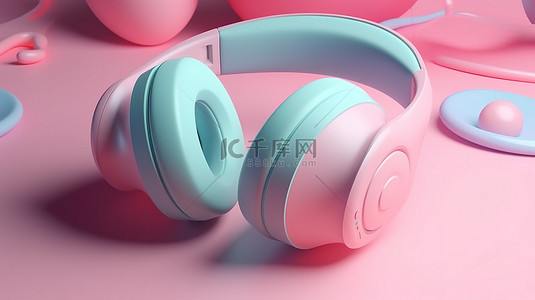 音乐彩色背景背景图片_想象音乐是彩色背景上卡通风格的耳机 3D 渲染