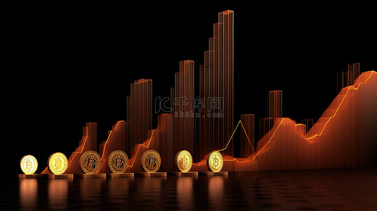比特币符号的 3d 渲染与蓬勃发展的加密货币市场