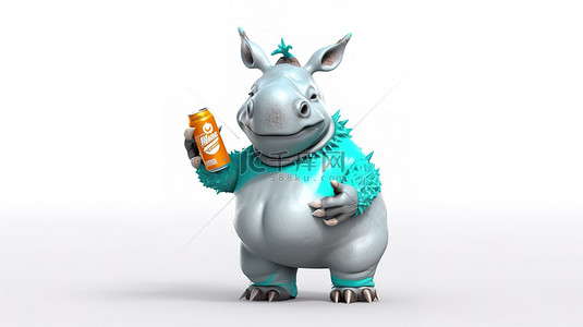 犀牛瓶子背景图片_有趣的 3D 犀牛吉祥物，配有标牌和软饮料