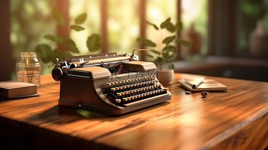 老式打字机和木桌上的装饰 3D 渲染的样机海报