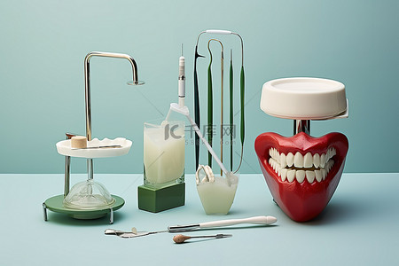 牙科护理背景图片_带牙科工具的牙科护理模型