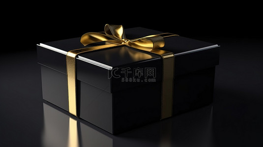 金色丝带系在黑色 3D 渲染礼品盒上