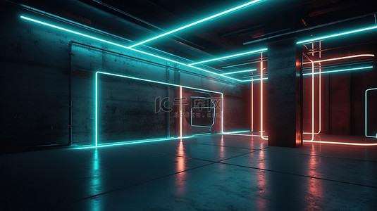 科技背景暗背景图片_未来派混凝土空间，带有引人注目的霓虹灯照明和 3D 渲染背景