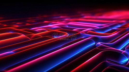 红色和蓝色霓虹灯线与霓虹灯背景 3D 渲染的优雅融合