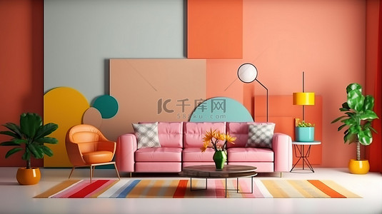 充满活力的客厅装饰灵感来自孟菲斯设计 3D 渲染