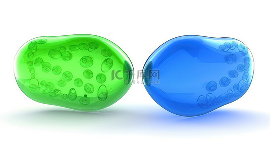 白色背景上孤立的绿色和蓝色气泡消息的 3d 渲染