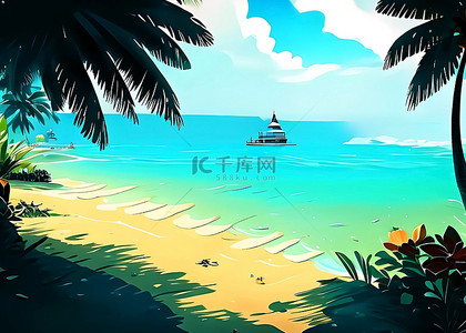 卡通渔船背景图片_大海海滩帆船背景
