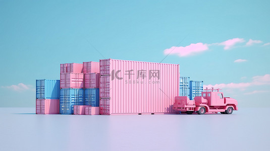 柔和的蓝色和粉色 3D 场景中的多式联运集装箱