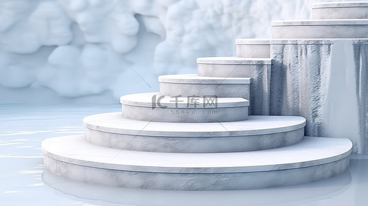 冰冻优雅 3D 大理石讲台和楼梯在冷水和雪中，冬季轮胎漂流