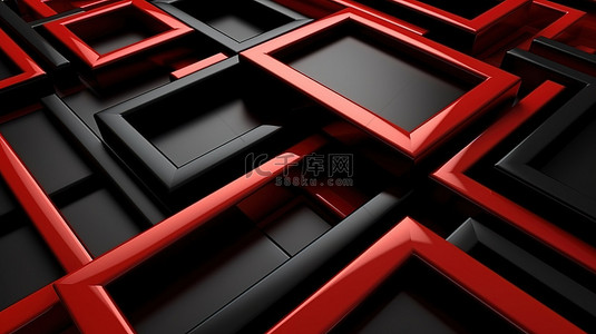 时尚的矩形框架采用大胆的黑色和红色设计 3D 插图