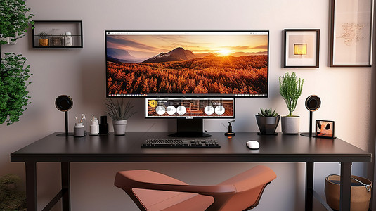 电脑比对背景图片_在屏幕上对家庭办公室设置的响应式设计进行 3D 渲染