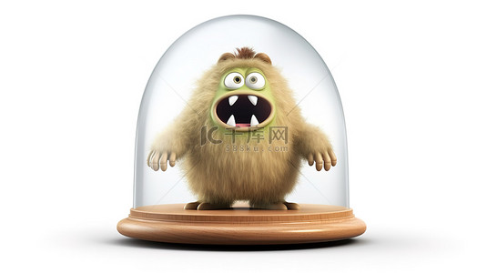 怪物背景图片_白色背景 3D 插图，展示了一个木制讲台，玻璃圆顶下有一个毛茸茸的怪物