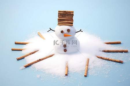 可爱雪人图片背景图片_用木棍堆成的雪人