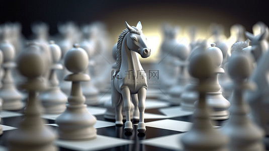 黑骑士棋子站在一系列白色棋子中的 3D 插图