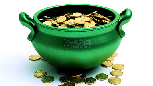 白色背景的 3D 渲染，带有装满金币的绿色铁锅