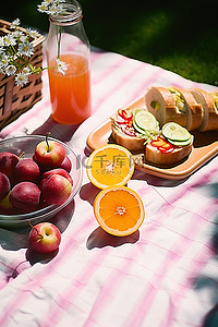 青花瓷果盘背景图片_野餐桌，配有果盘三明治和饮料