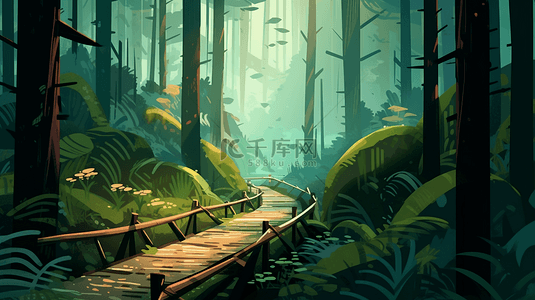 中植背景图片_热带雨林中的木栈道插画