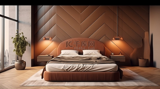 床和被子背景图片_装饰艺术风格床的 3D 渲染，配有镶木床头板和被子，以棕色色调展现现代奢华