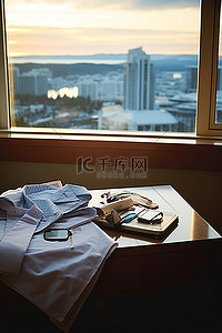 酒店房间里靠近城市景观和床的一张男士办公桌
