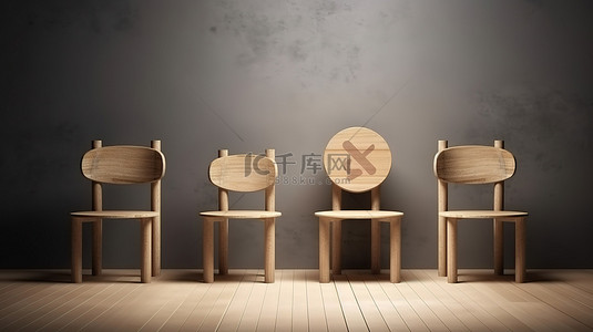 矢量鸽子标志背景图片_带有禁止和社交距离标志的孤立木椅的 3D 渲染