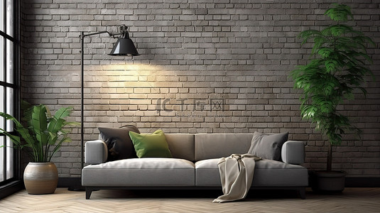 现代阁楼客厅中的灰色沙发灯和树，配有砖墙 3D 渲染