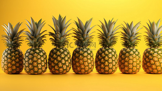 新鲜的菠萝水果背景图片_3D 渲染多汁成熟的菠萝果实在充满活力的黄色背景上完美适合健康营养背景
