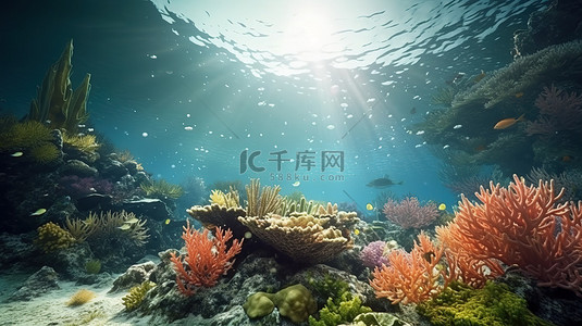 水下海景的 3D 渲染，充满活力的珊瑚礁和开阔的空间