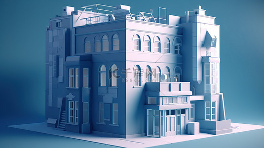 第二版蓝色低聚3D卡通建筑