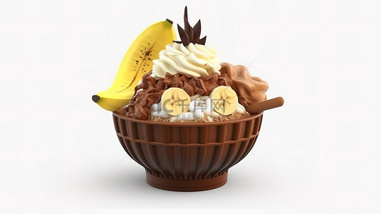 白色背景上孤立巧克力香蕉 bingsu 刨冰的卡通风格 3D 渲染