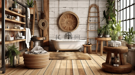 米背景图片_天然木制家具增强了浴室内部的波西米亚别致氛围 3D 渲染插图