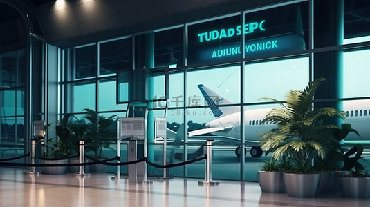飞机商务舱背景图片_建筑 3D 渲染中所示的机场航站楼商务舱招牌