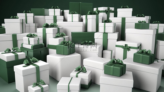 各种白色和绿色礼品盒，带有各种尺寸的丝带 3d 渲染