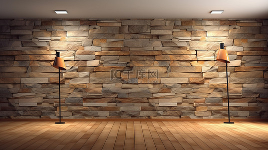 放大效果背景图片_宽敞房间的 3D 渲染，配有石墙斜屋顶和壁灯照明的硬木地板