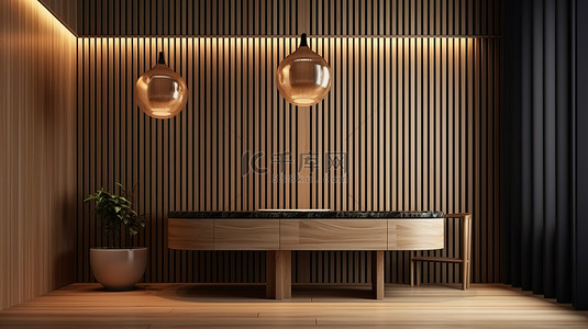 富有想象力的 3D 设计室内场景和框架模型，配有深棕色木家具和浅色木板墙