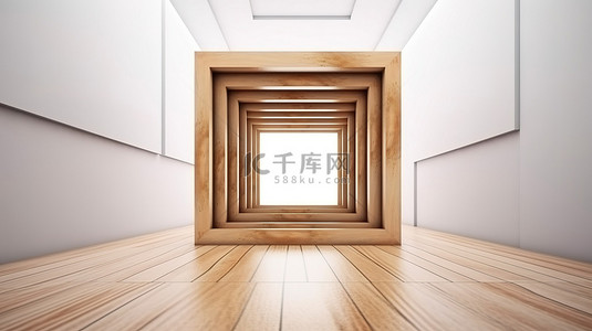 白色墙壁背景下 3d 渲染的棕色木现代方桌框架