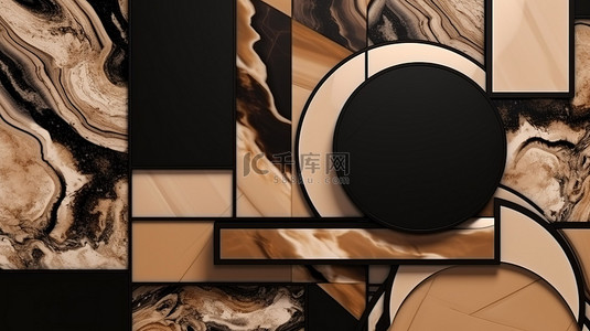 奶油色墙壁上的 3D 渲染棕色和黑色大理石几何形状